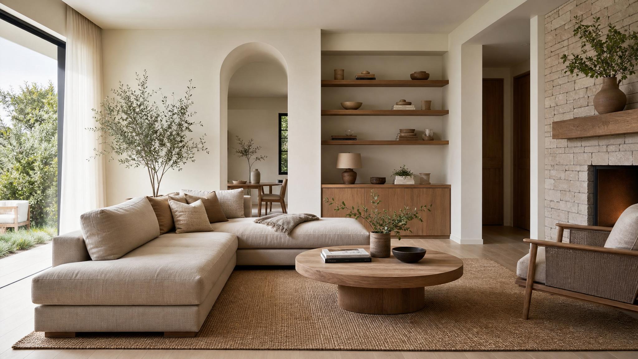 A minimalistic living room showcasing natural materials and neutral colors.