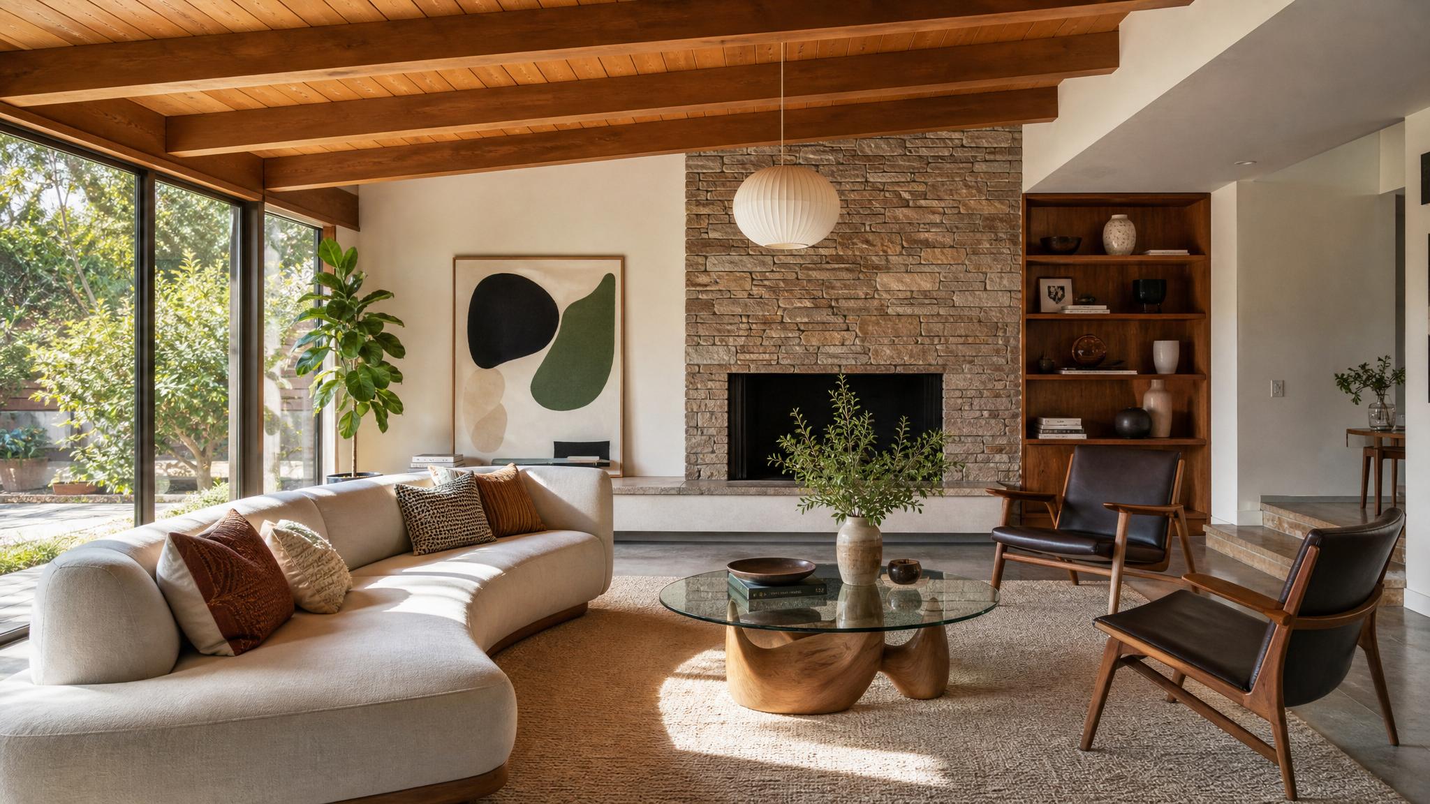 Mid-century modern living room with clean lines and organic forms.