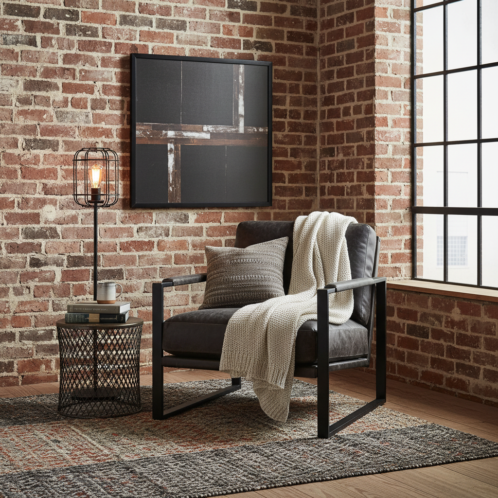 Image of an industrial-style reading nook with exposed brick and metal furniture.