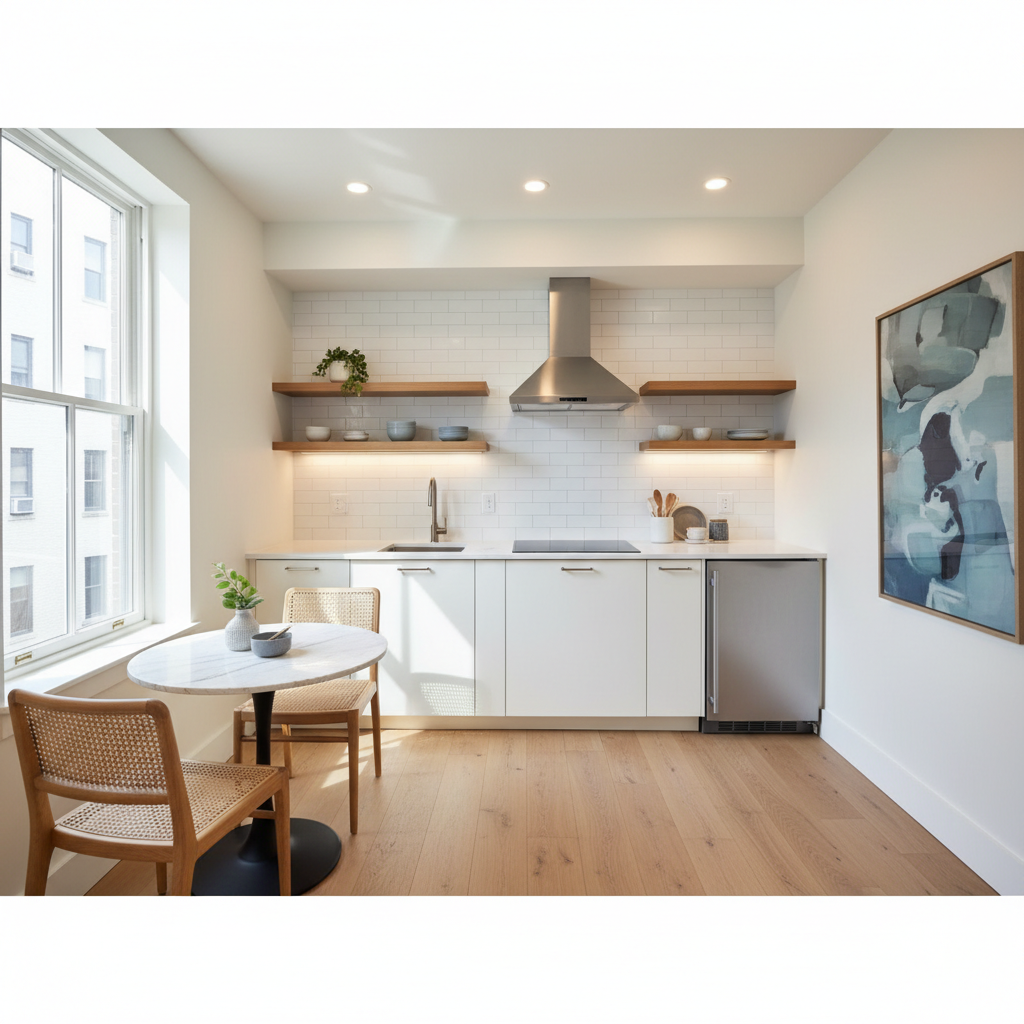 Example of a wide-angle shot of a small kitchen