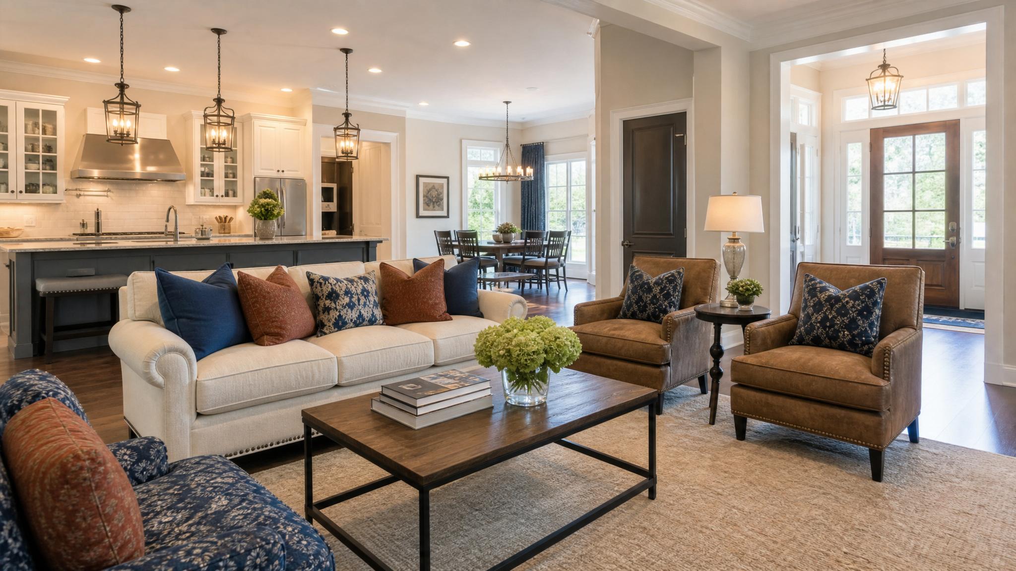 Example of a traditional accent palette in an open-plan living room.