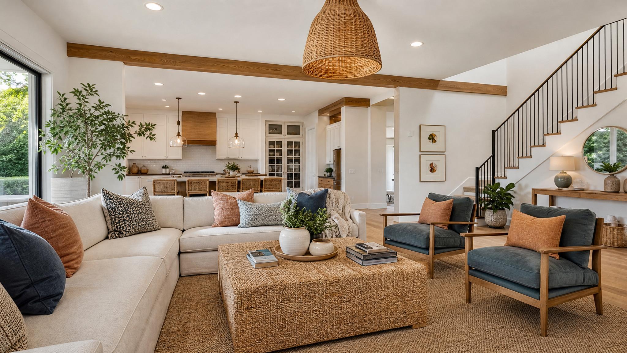 A beautifully styled open-plan living room showcasing some of the listed accent palettes.
