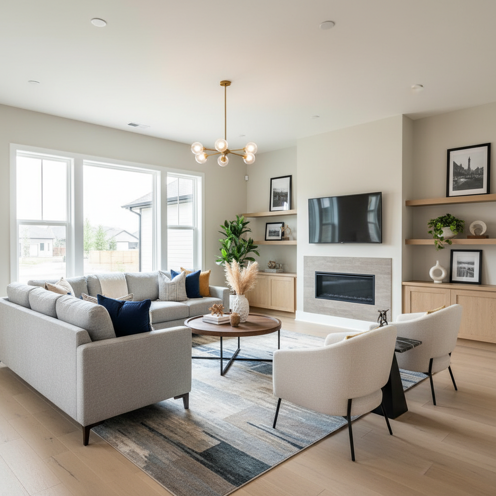 Virtual staged home interior, showcasing living room with modern furniture.