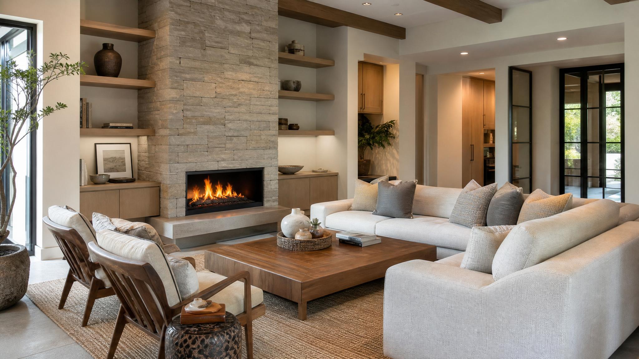 Image of a serene and elegantly styled living room featuring neutral colors and luxurious materials.