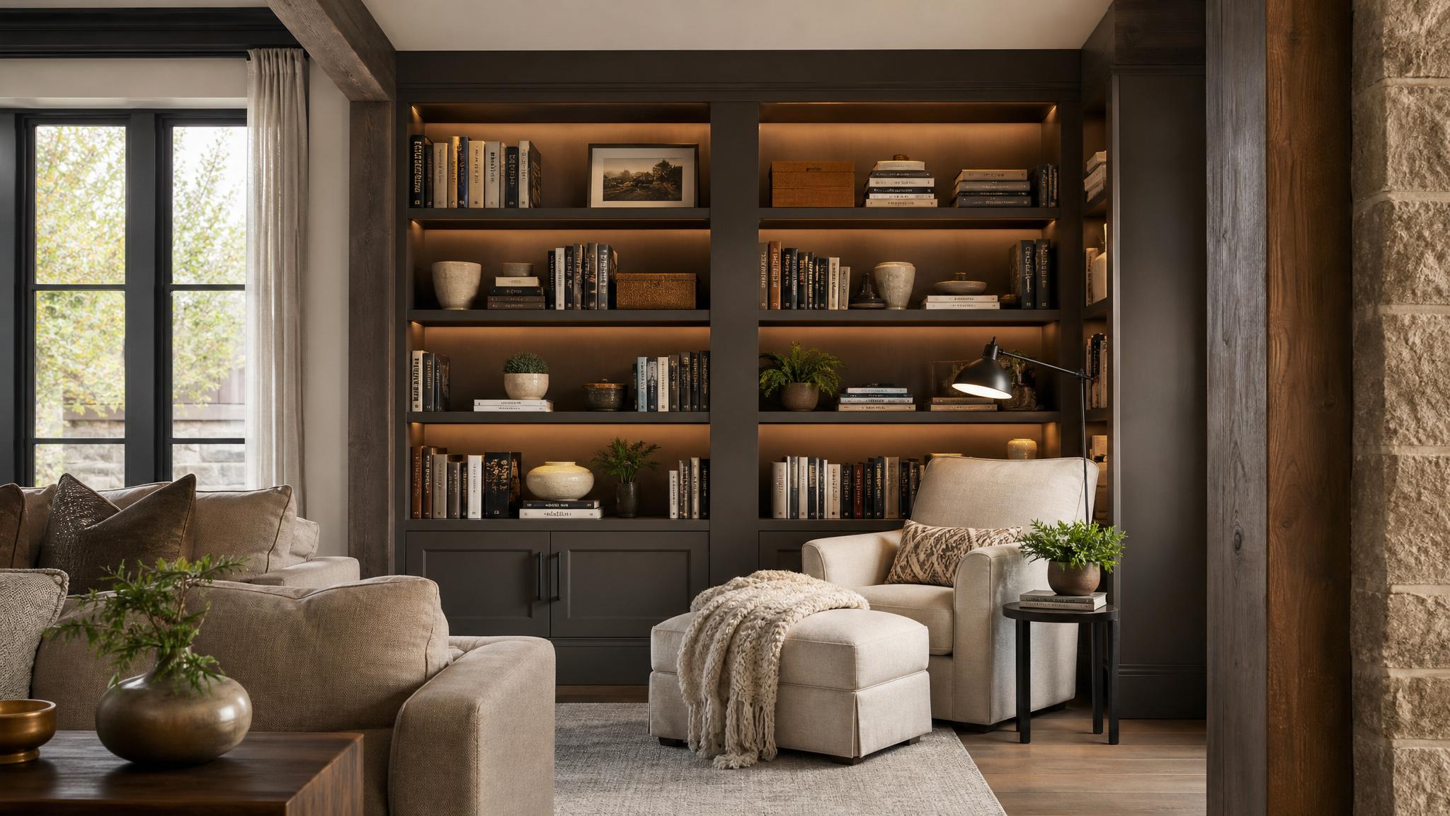 Image of a snug reading nook within a living room, showcasing bookshelves and plush seating.