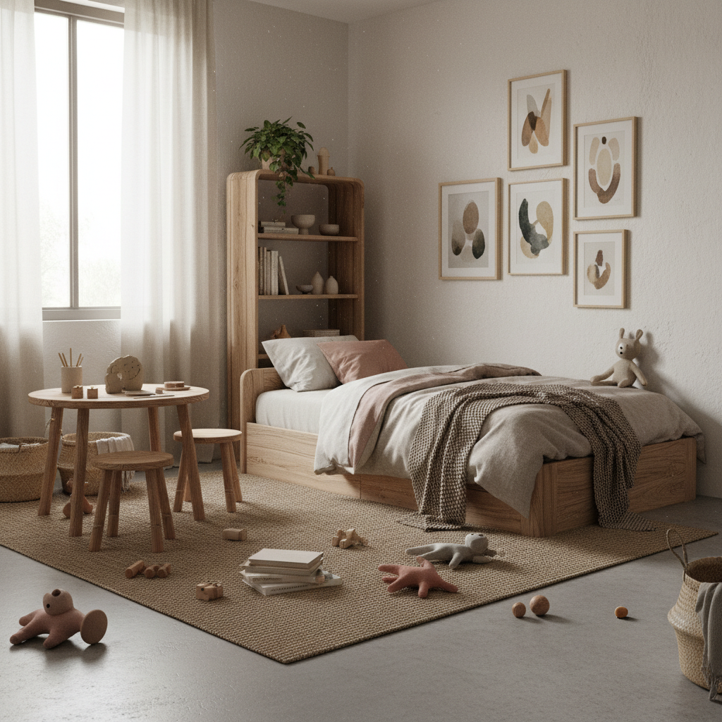 A beautifully organized wabi-sabi kids bedroom