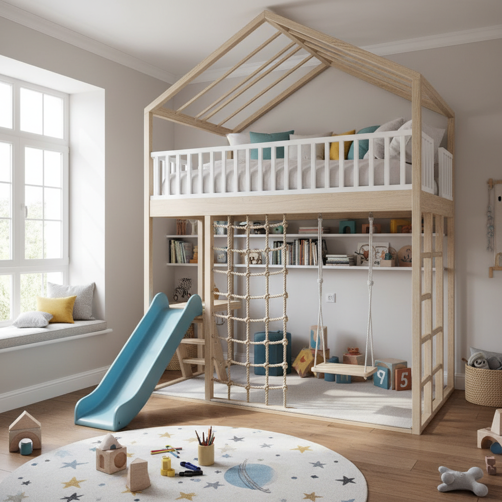 A loft bed with a playground area underneath