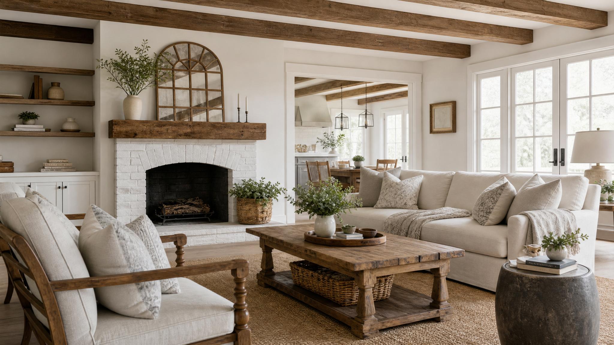 farmhouse living room with neutral colors and wooden accents