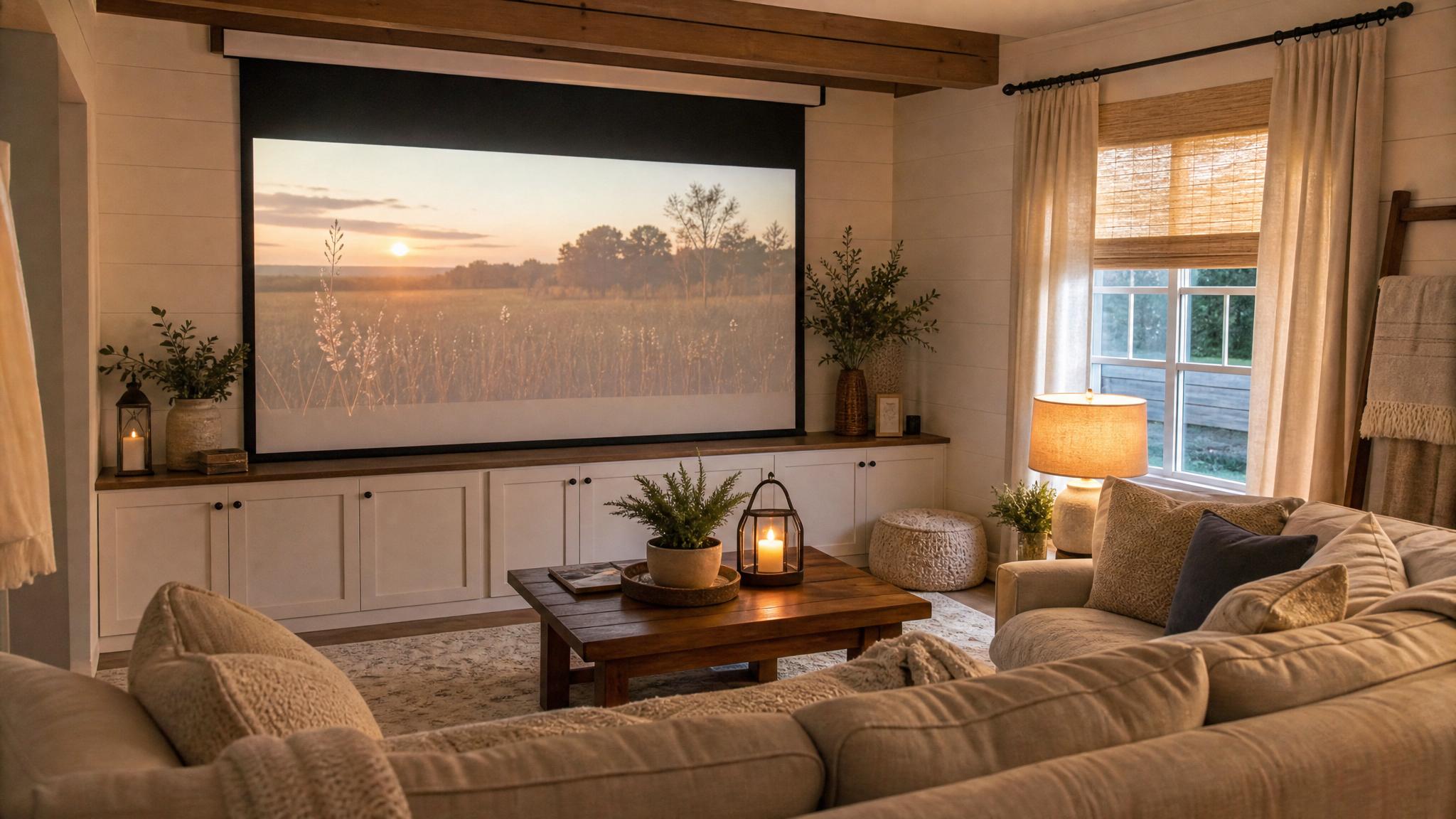 cozy projector setup in small farmhouse themed living room