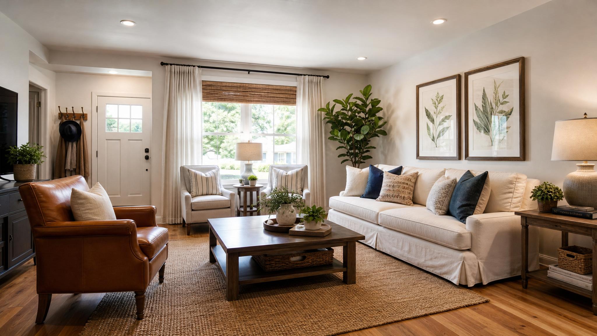 A bright and inviting small living room with good lighting.