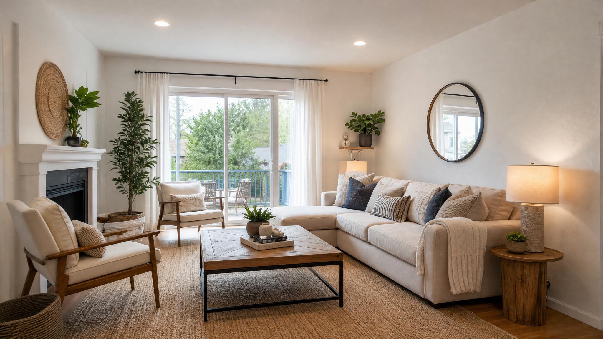 A well-lit small living room with soft lighting.