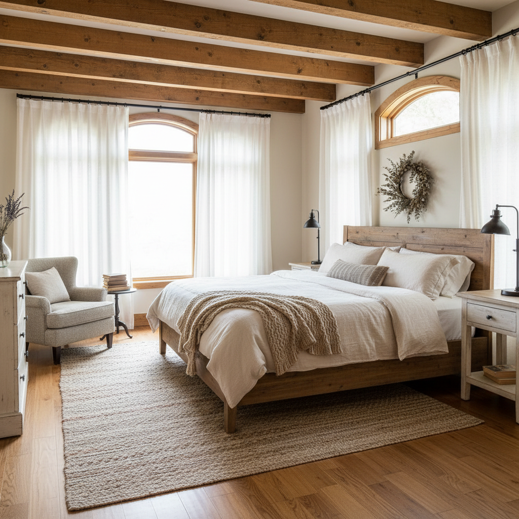 A beautifully staged farmhouse bedroom with rustic elements like wooden beams, natural light, and cozy fabrics.