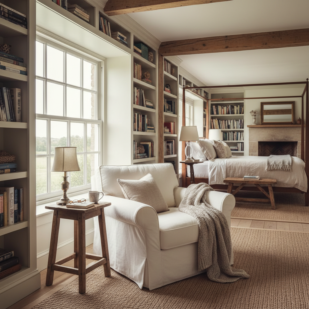 A cozy reading nook in a farmhouse bedroom, featuring a comfy chair, large window, and plenty of books.