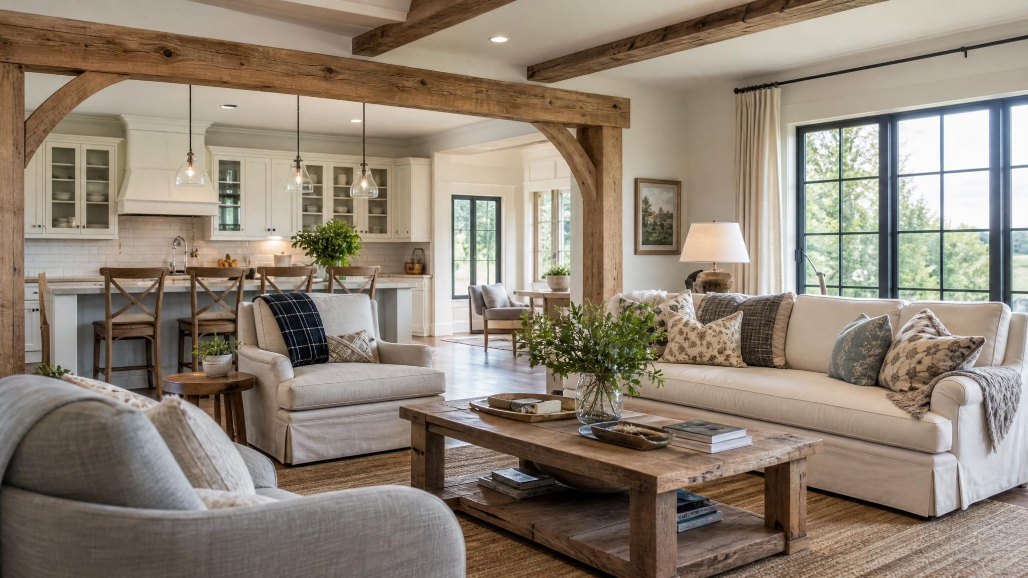 A cozy, well-decorated farmhouse living room with an open-plan design.
