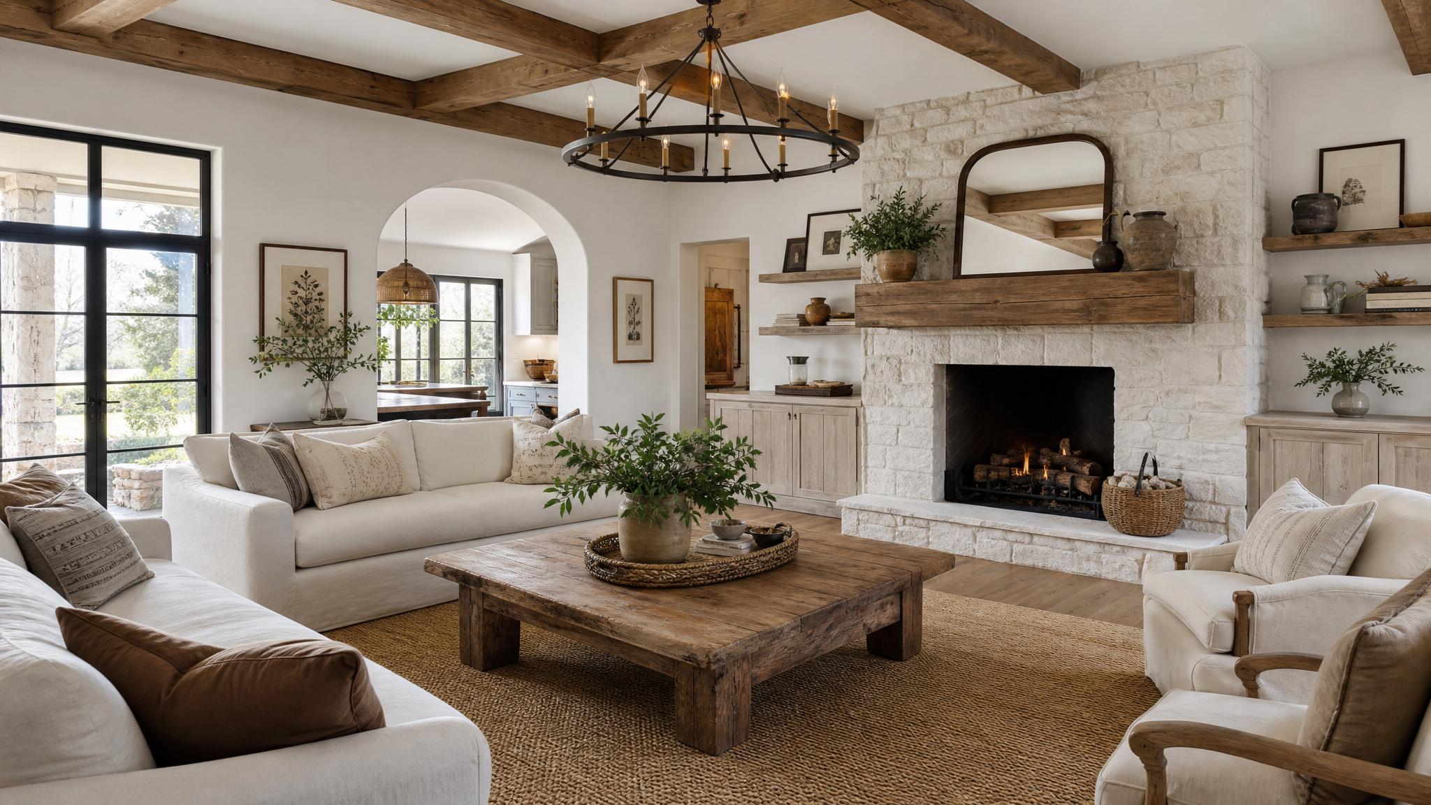 An AI-generated design concept for a farmhouse living room.