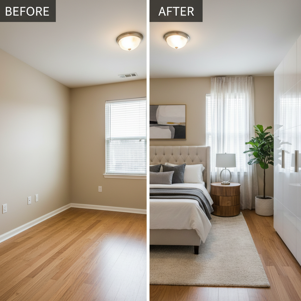 Image of a before and after of a virtually staged studio apartment master bedroom.