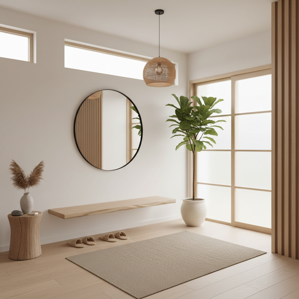 A beautifully designed Japandi entryway showcasing minimal furniture and natural elements.
