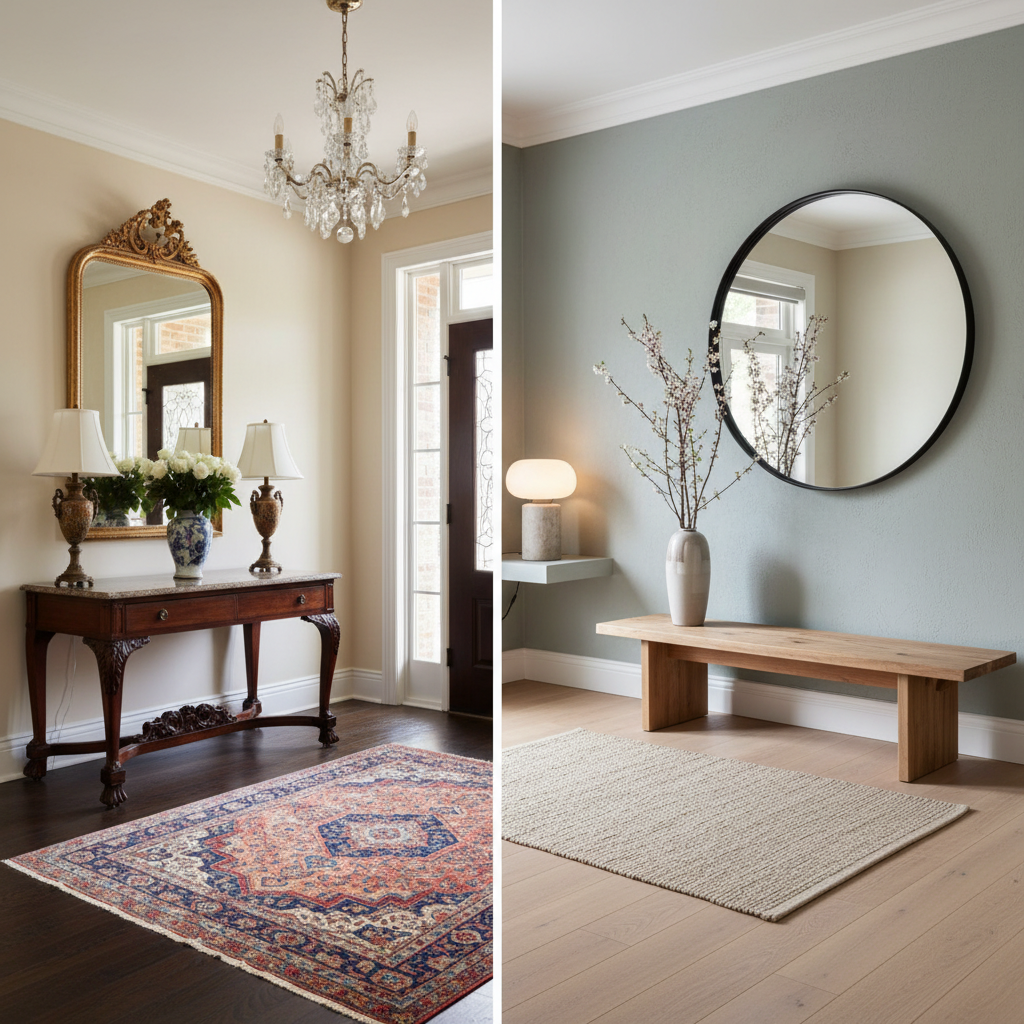 A side-by-side comparison of a traditional entryway versus a modern Japandi entryway.