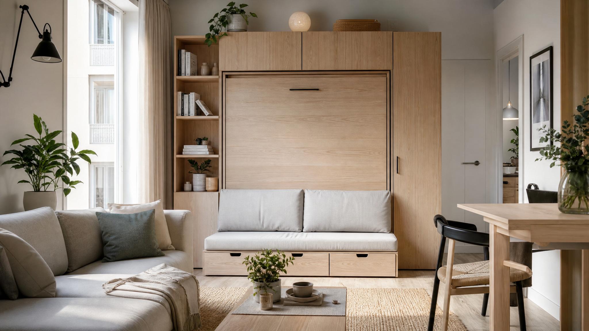 Image of multifunctional furniture in a tiny Nordic living room