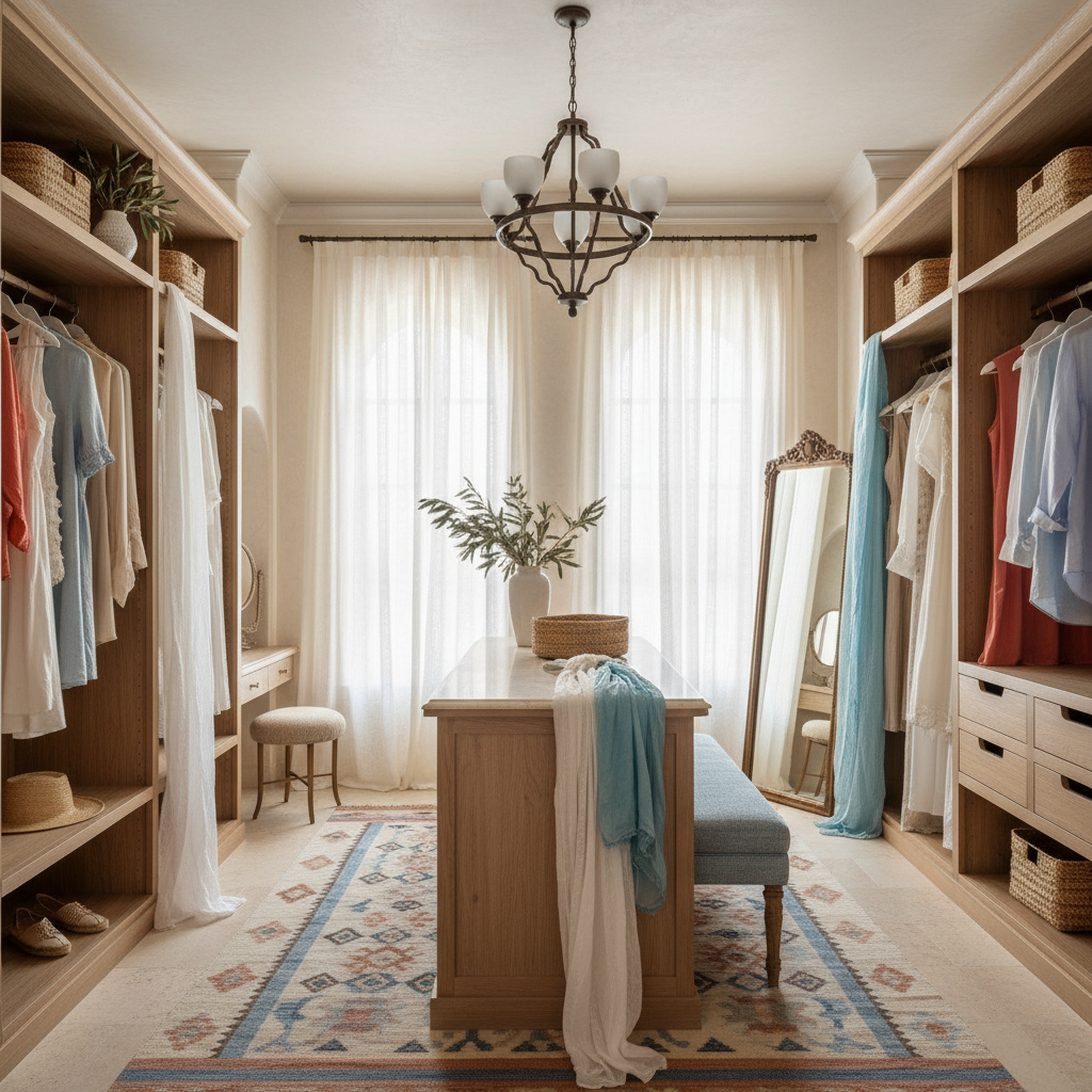 An elegant Mediterranean walk-in closet design featuring natural wood, bright accents, and flowing fabrics.