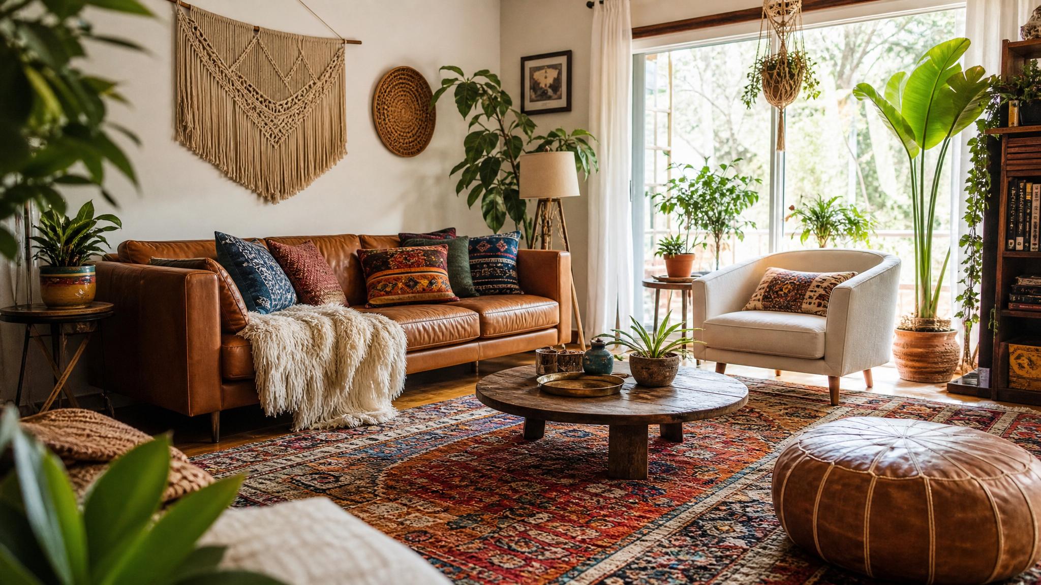 A beautifully styled bohemian living room showcasing rich colors and eclectic decor.