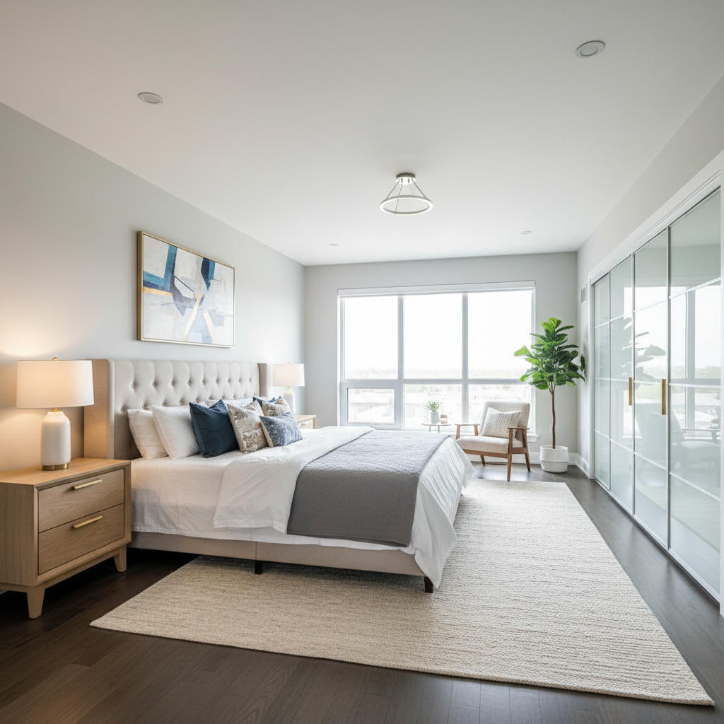 Wide-angle shot of a master bedroom