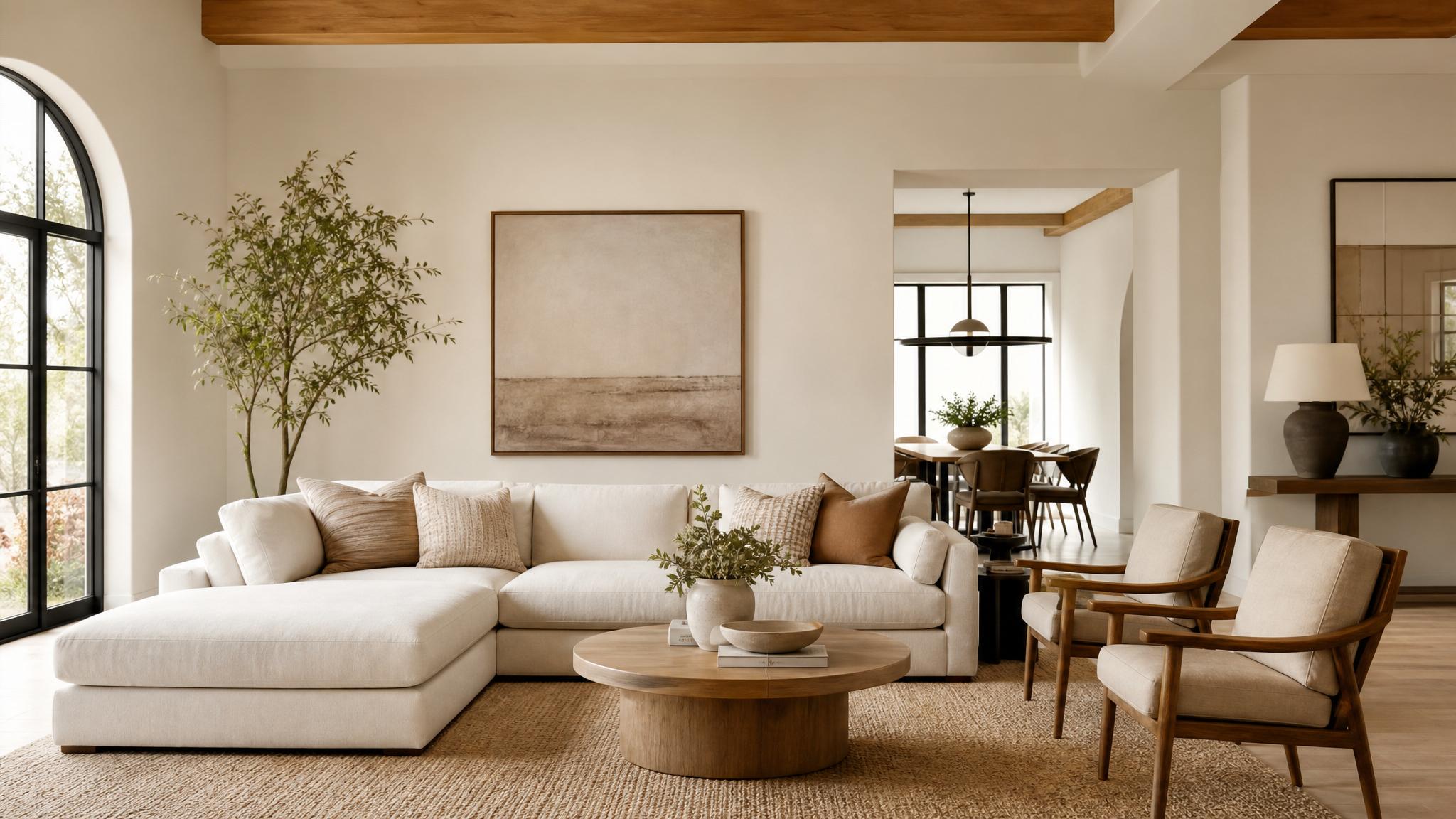 Warm minimalist living room with soft neutral tones