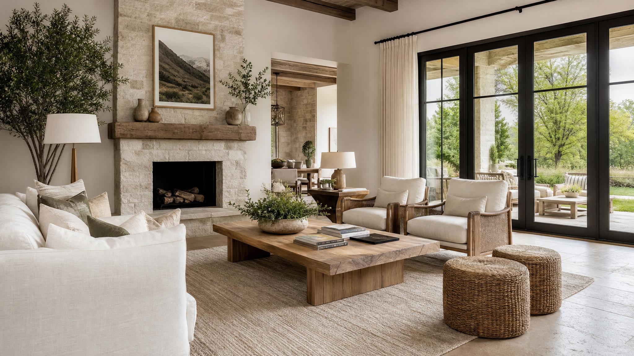 Living room with earthy tones and natural materials