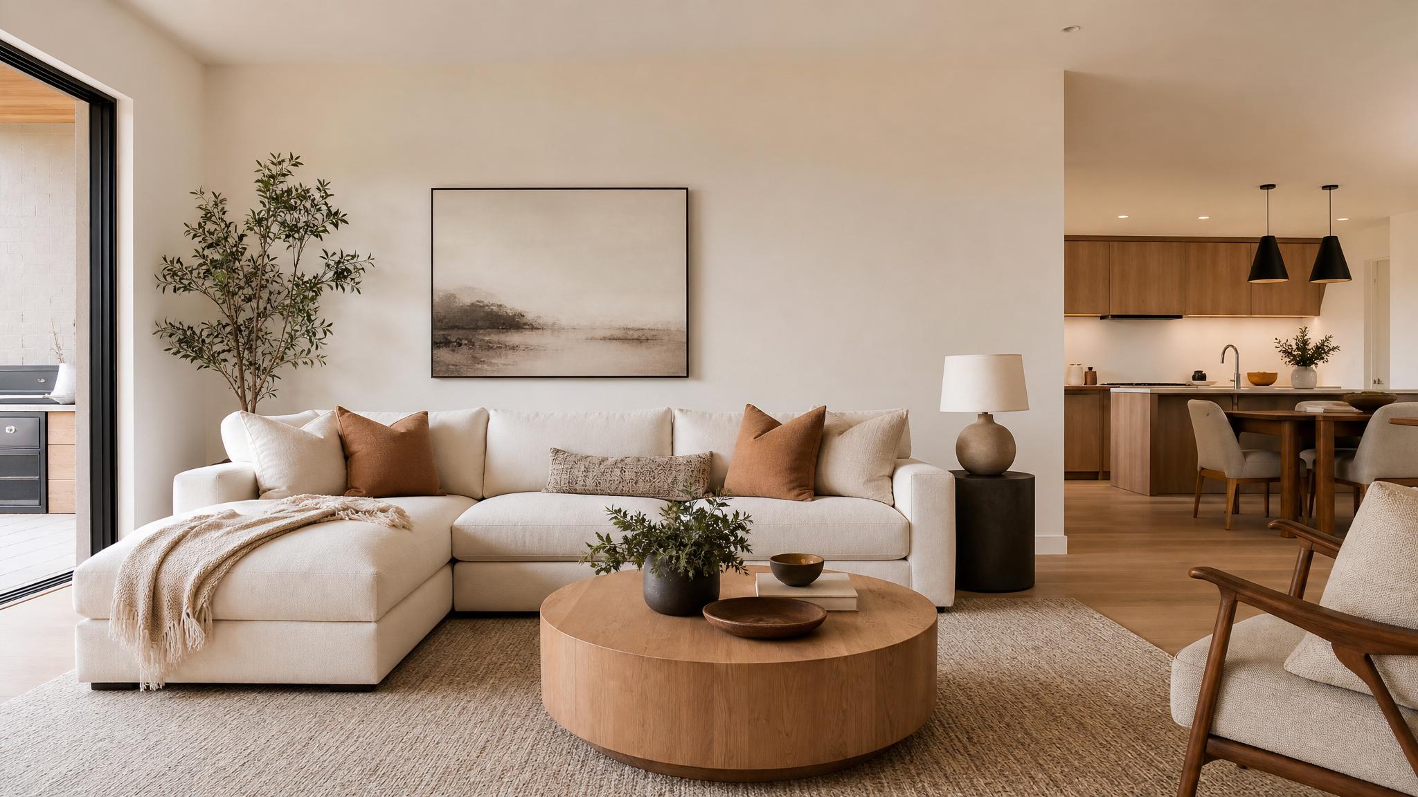 Minimalist furniture with warm accent pillows