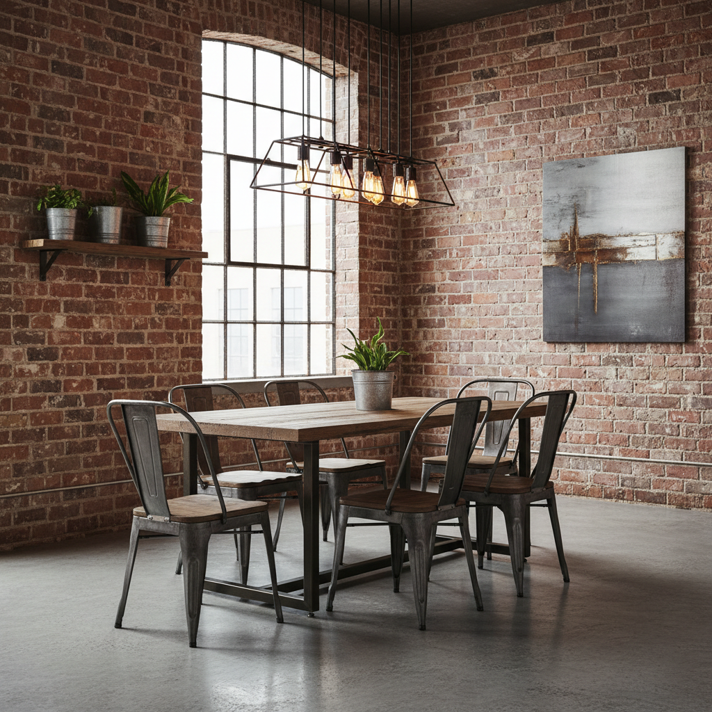Image of an industrial dining room with exposed brick walls and metal furniture.