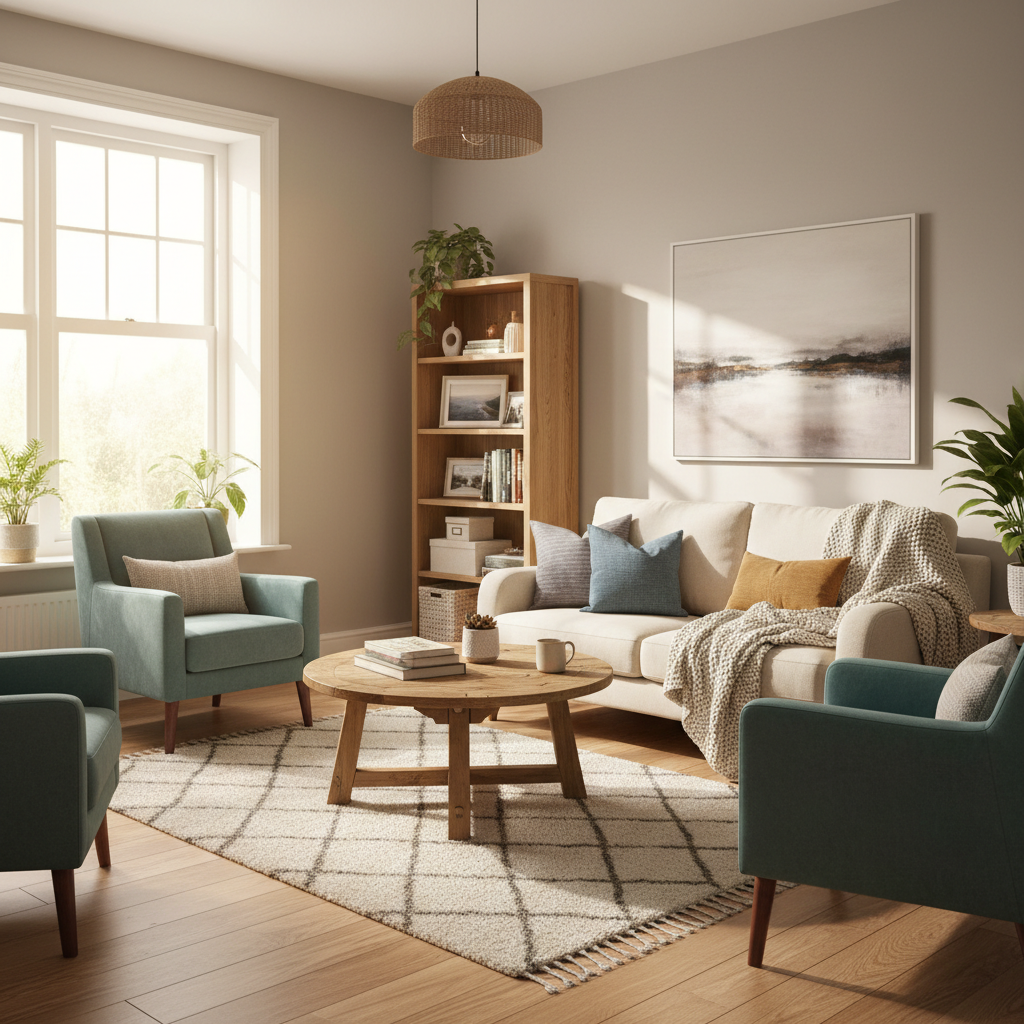 A well-lit small living room showing off a cozy and inviting space.