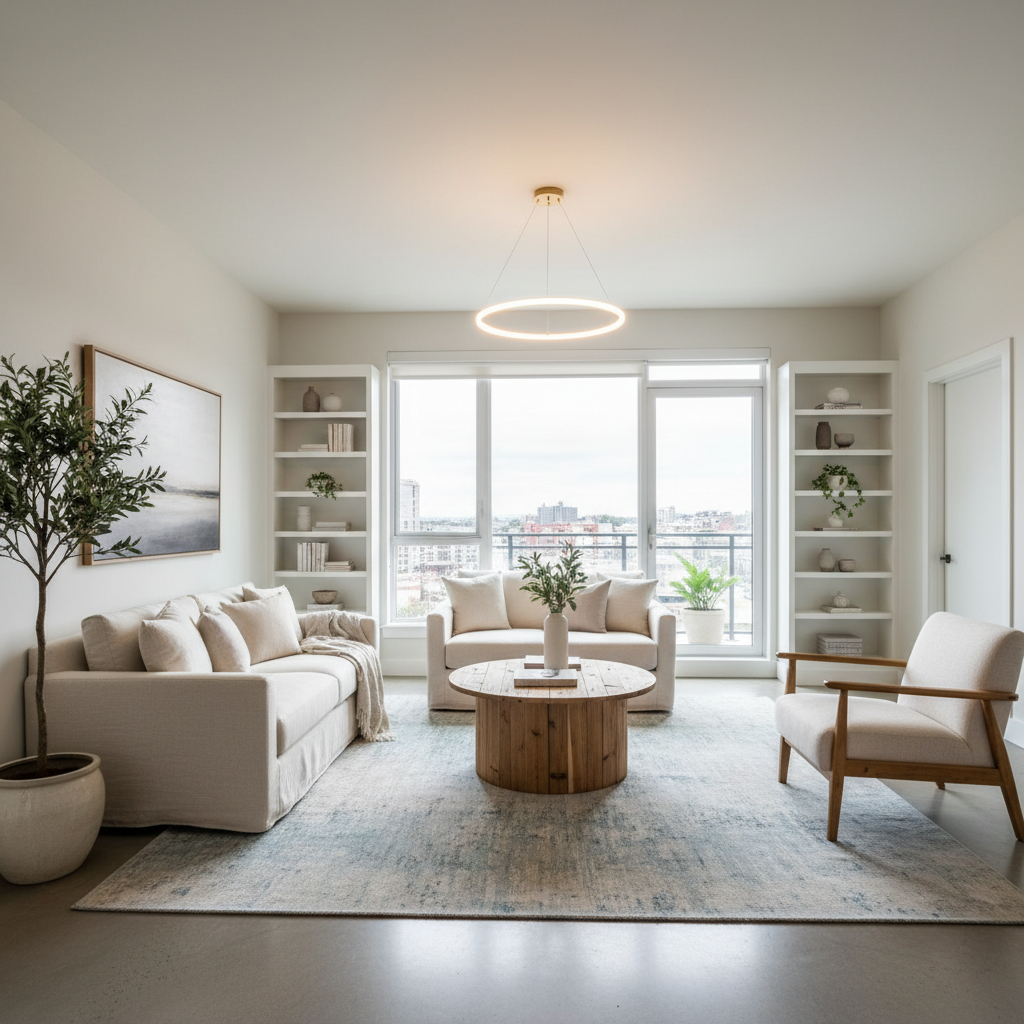 Wide-angle photo showing a small living room to give an impression of space.