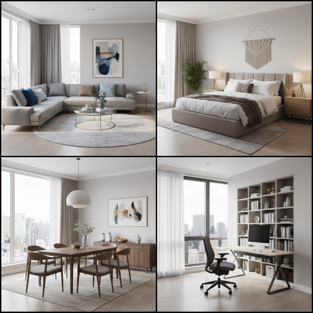 Collage of various virtual staging layouts