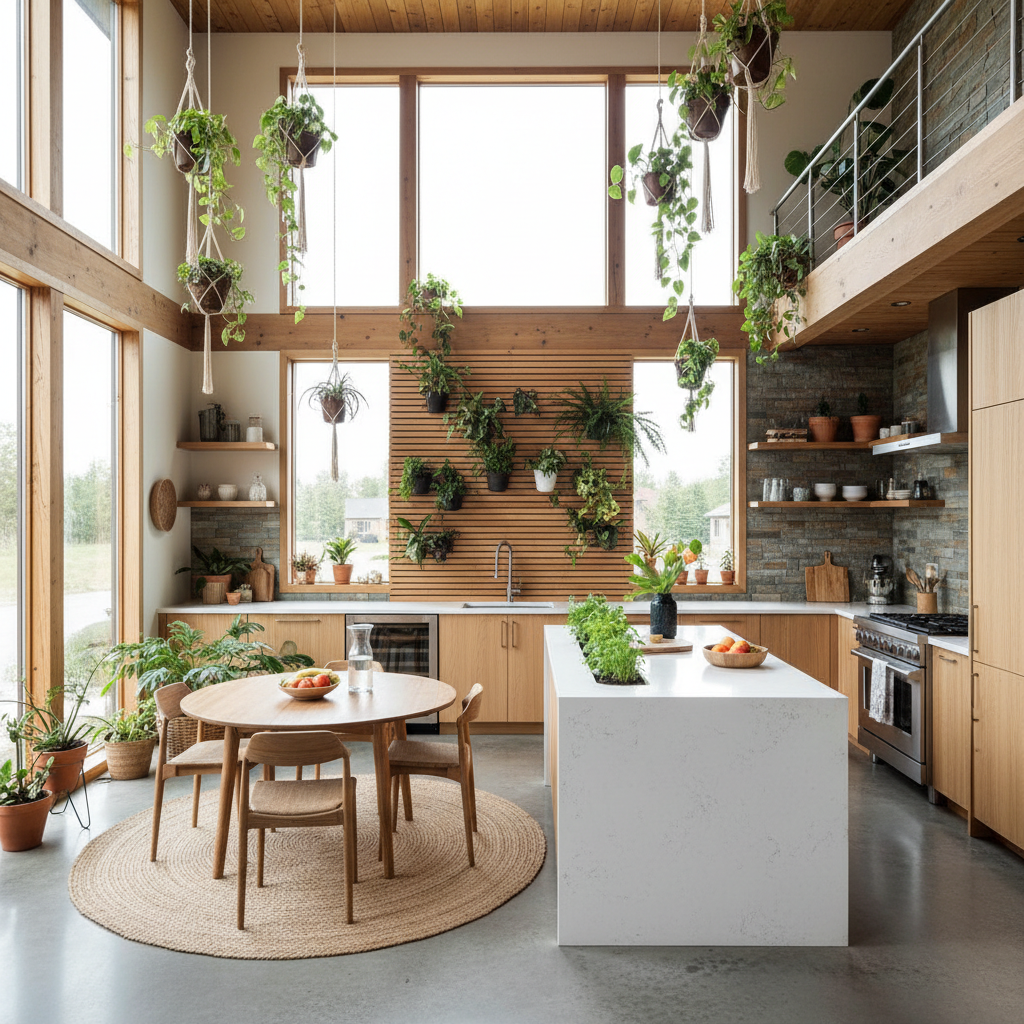 A biophilic kitchen with plants and natural light