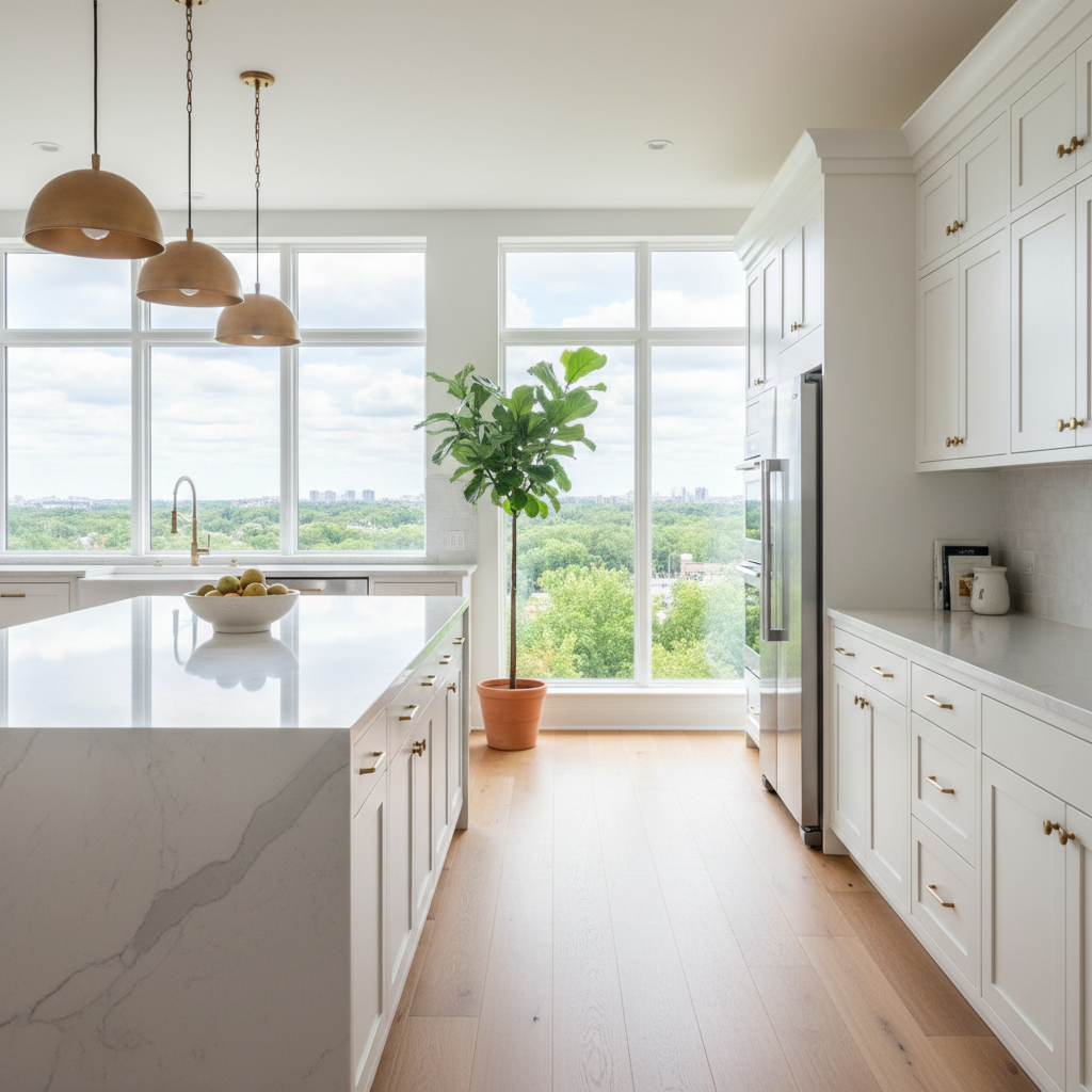 Bright kitchen with expansive windows and natural light