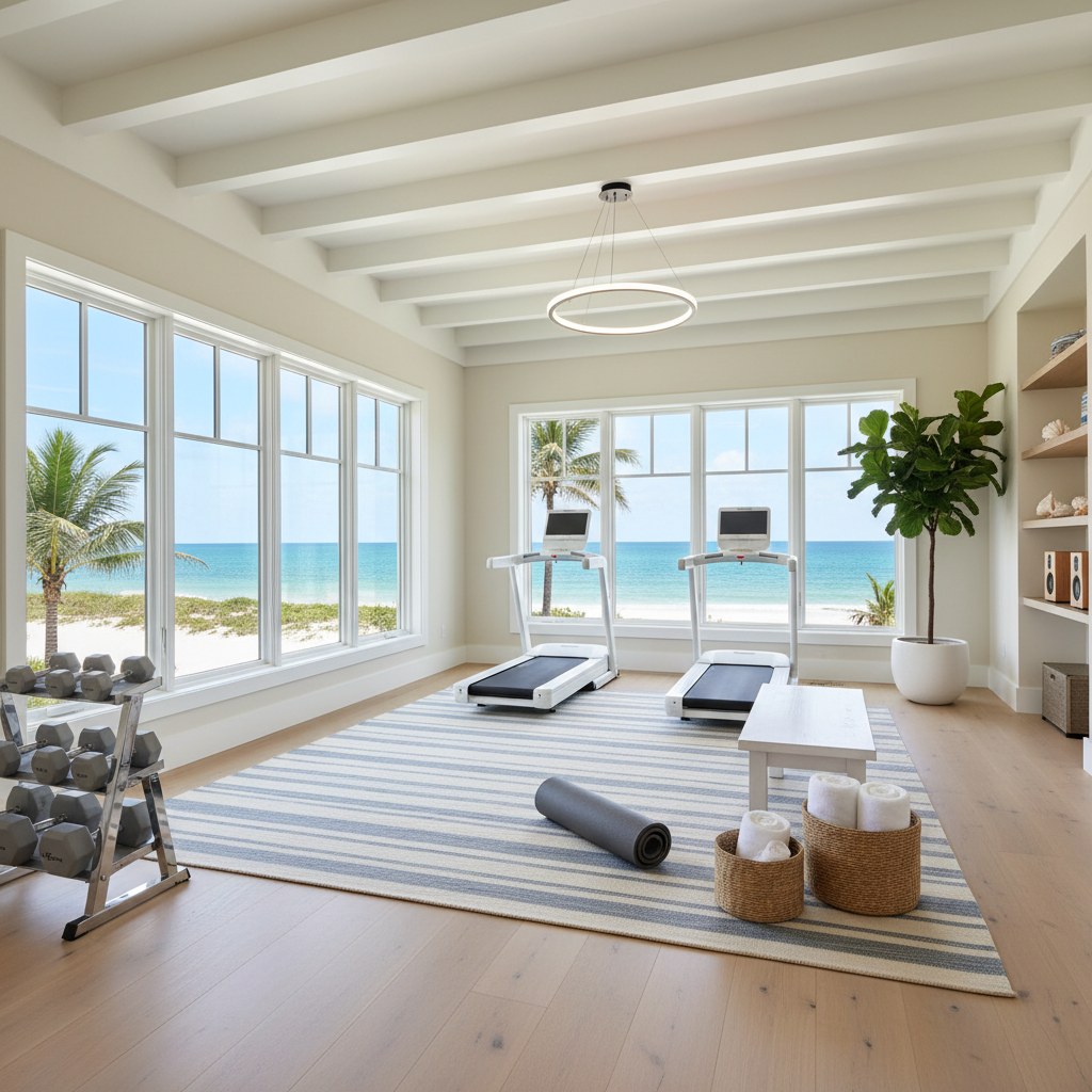 A beautifully designed coastal home gym with light colors, large windows, and fitness equipment.