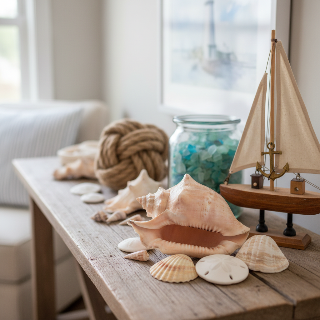 A close up of coastal-themed accessories such as seashells and nautical decorations.