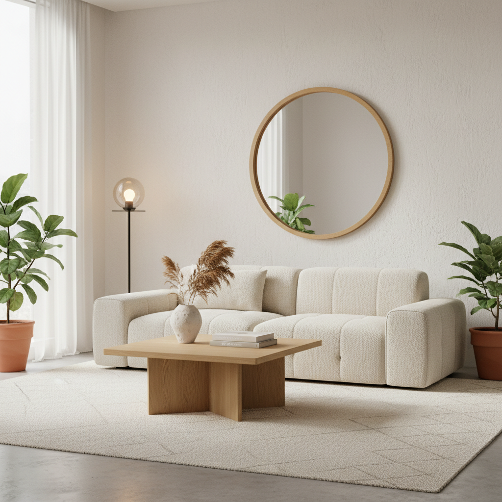 Design elements of home decor and fixtures that represent minimalism with warmth.