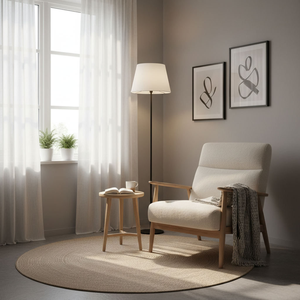 Image of a minimalistic Scandinavian reading nook with a cozy chair, natural light, and simple decor.
