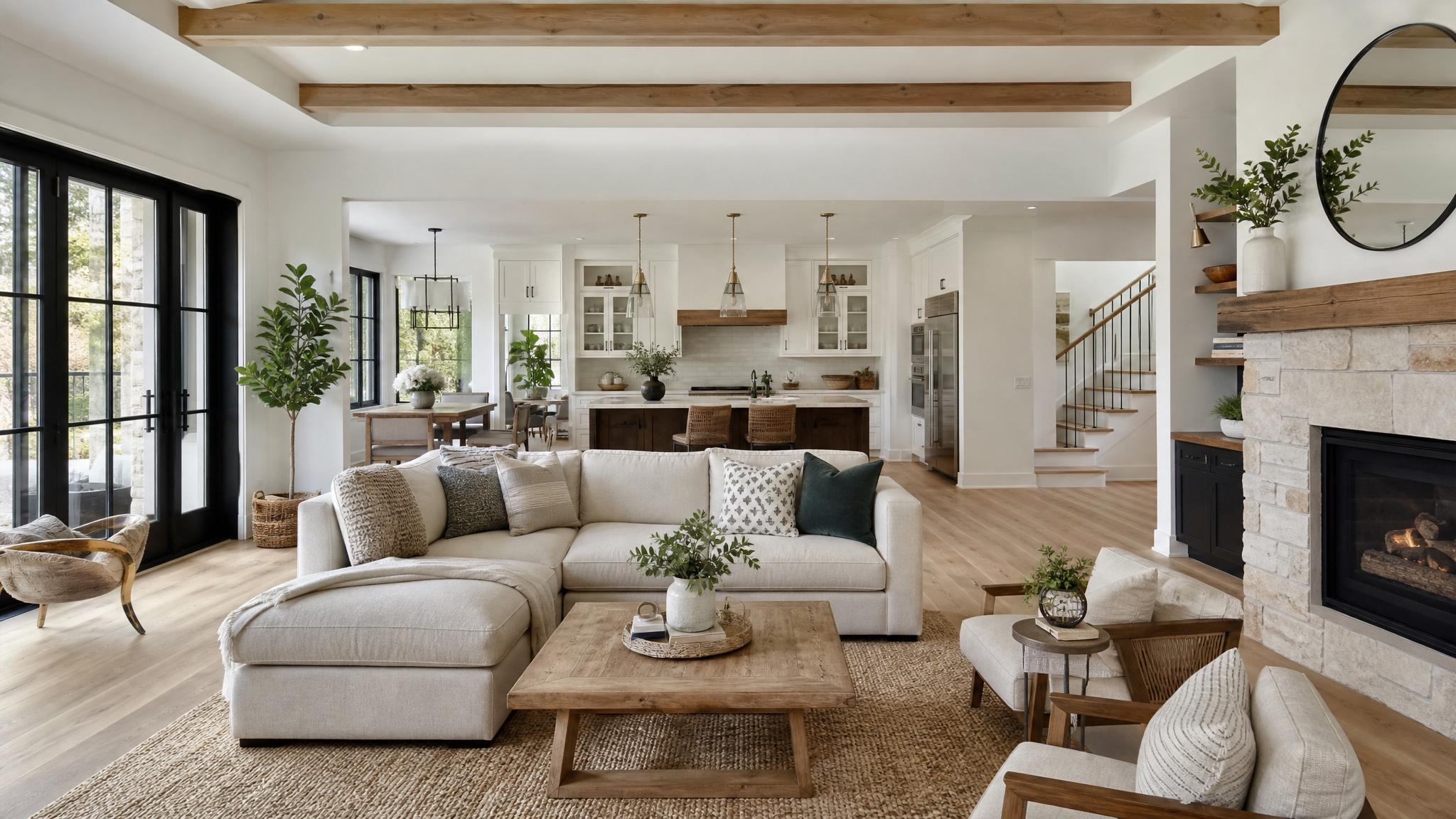 Beautiful transitional open-plan living room with natural light