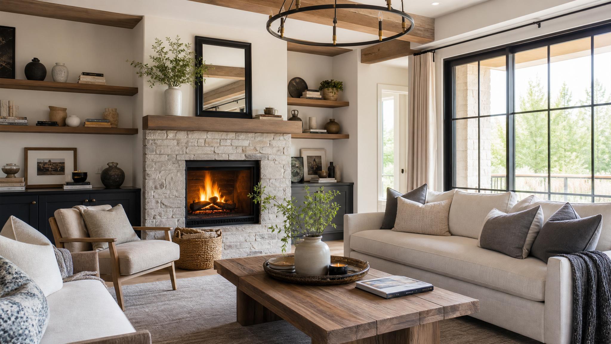 Cozy, inviting transitional living room with a fireplace