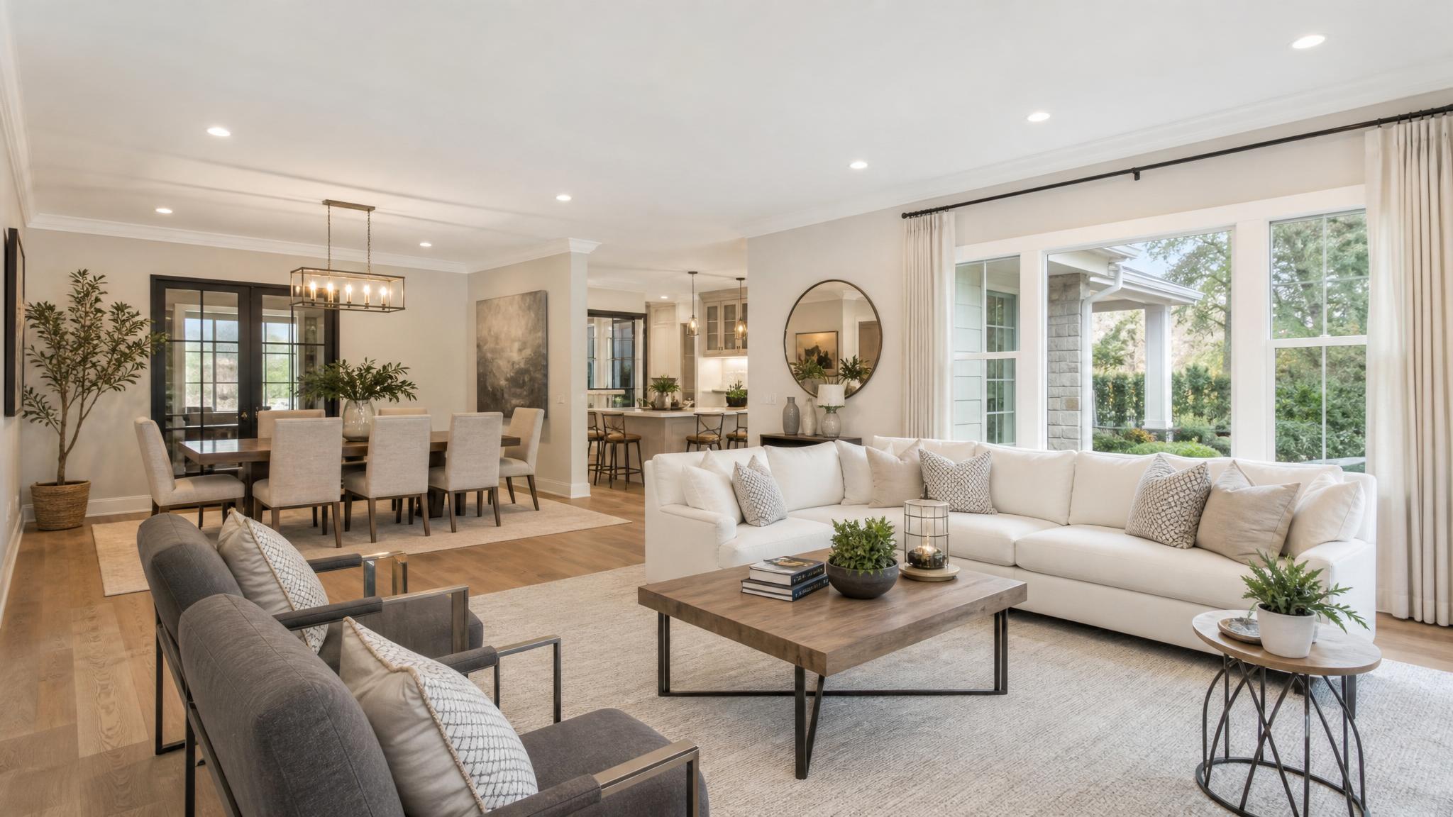 Stylish transitional open-plan living room with integrated dining area