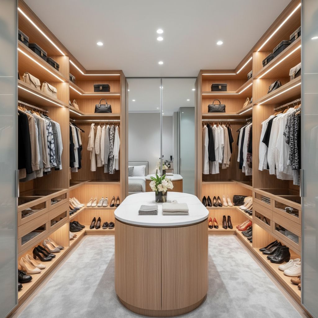Rendering of a modern, AI-designed walk-in closet.