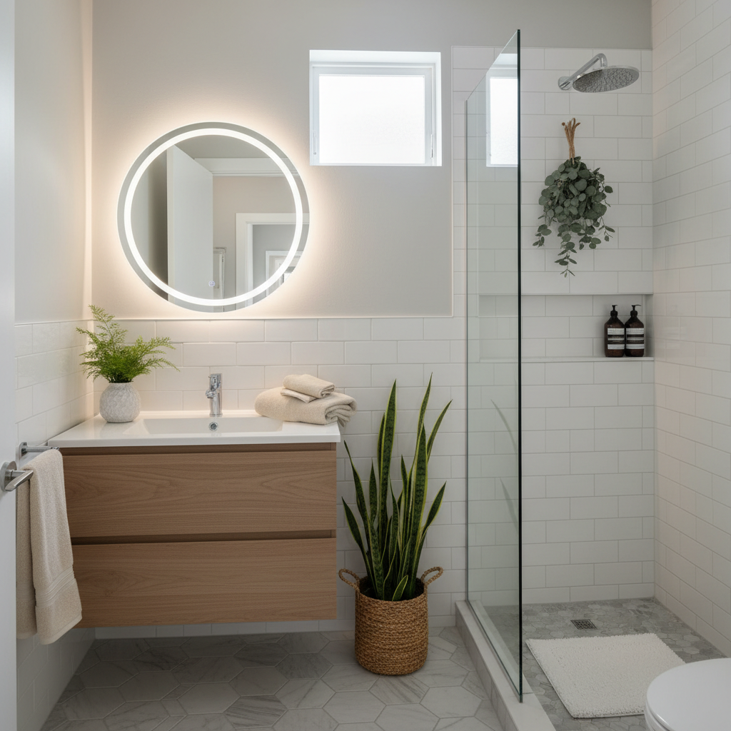 A small bathroom staged with elegant accessories like towels and plants.