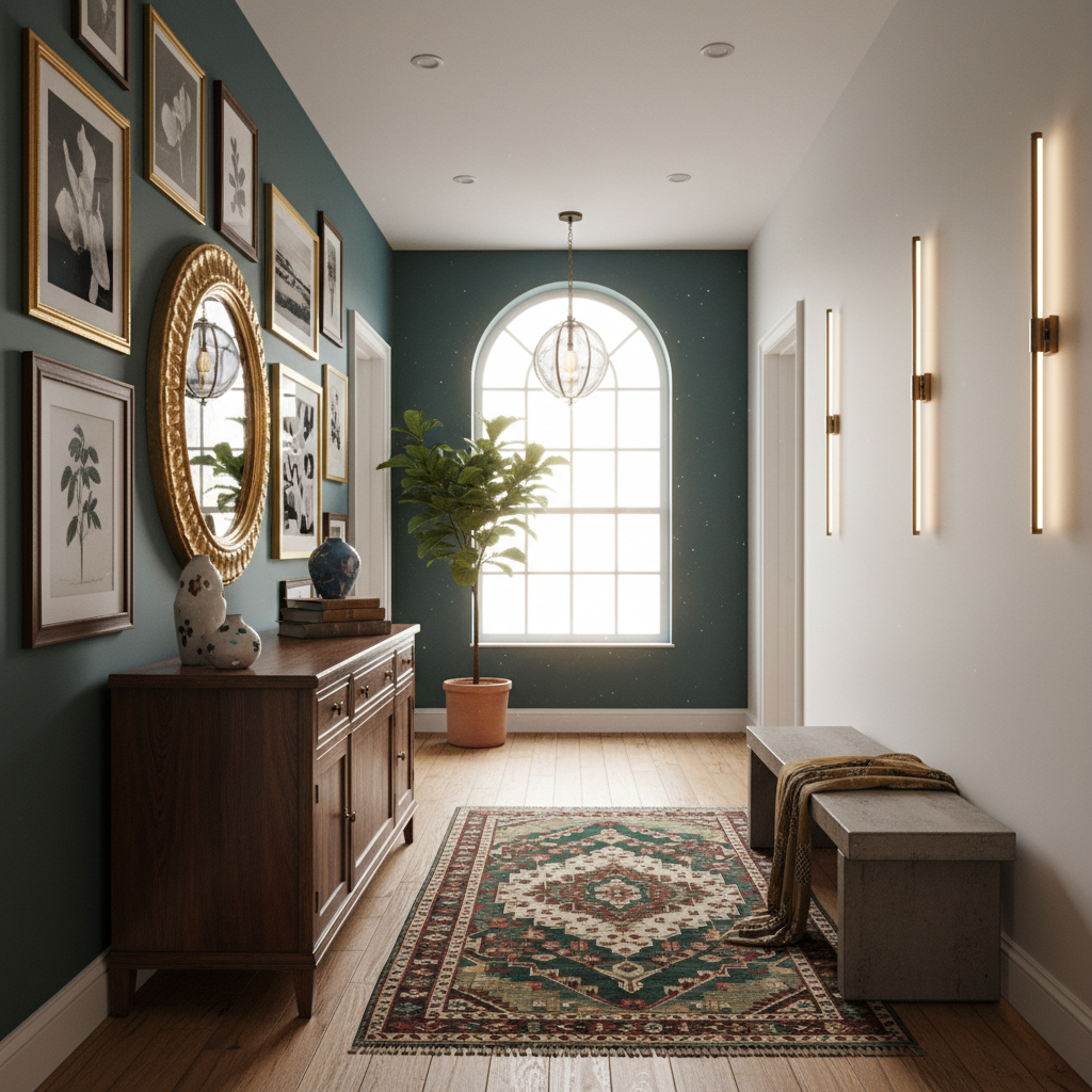 Eclectic hallway featuring a mix of vintage decor and modern fixtures.