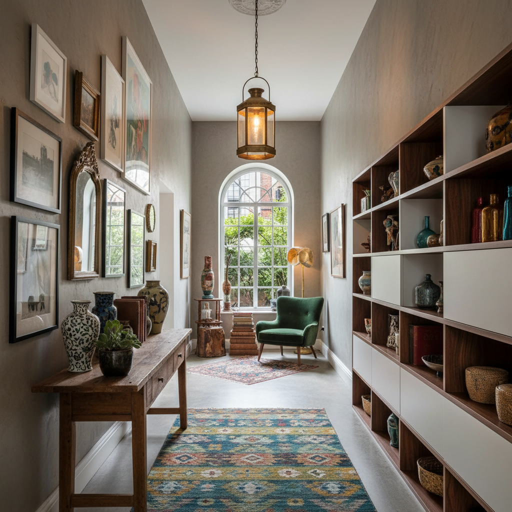 AI-generated eclectic hallway design concept.