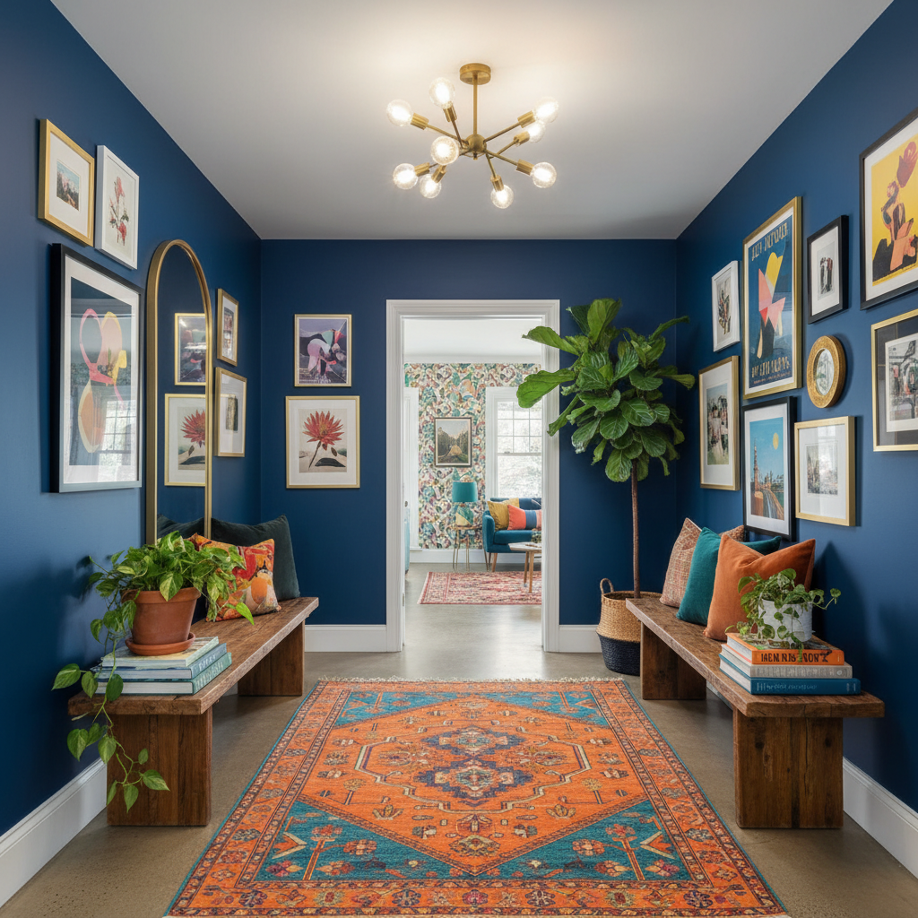 Stylish eclectic hallway with balanced decor and vibrant colors.