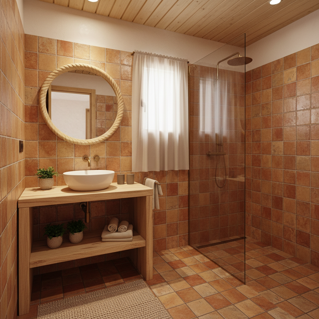Image of a beautifully designed Mediterranean small bathroom with terracotta tiles and light wood accents.