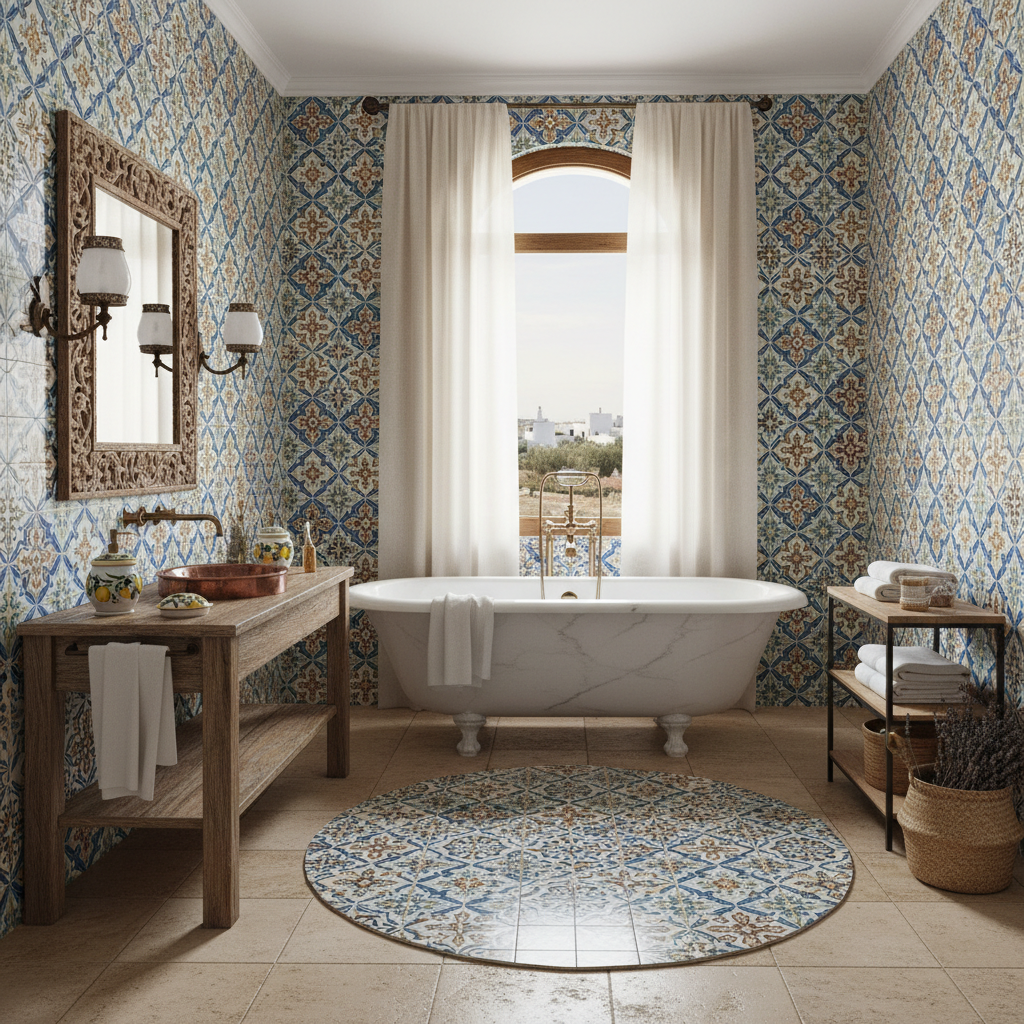 Illustration of Mediterranean inspired tiles and accessories arranged in a bathroom setting.