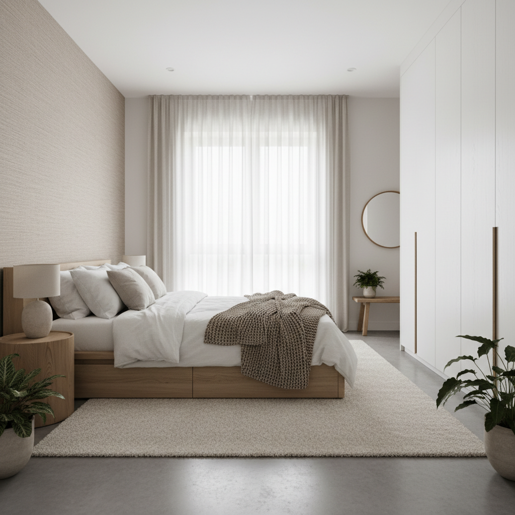 Image of a beautifully designed Nordic bedroom featuring natural textures and a minimalist aesthetic.